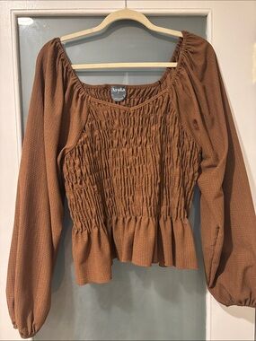 ARULA Rust Brown Smocked Peasant Blouse